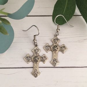 Silver Tone Cross Earrings NWT